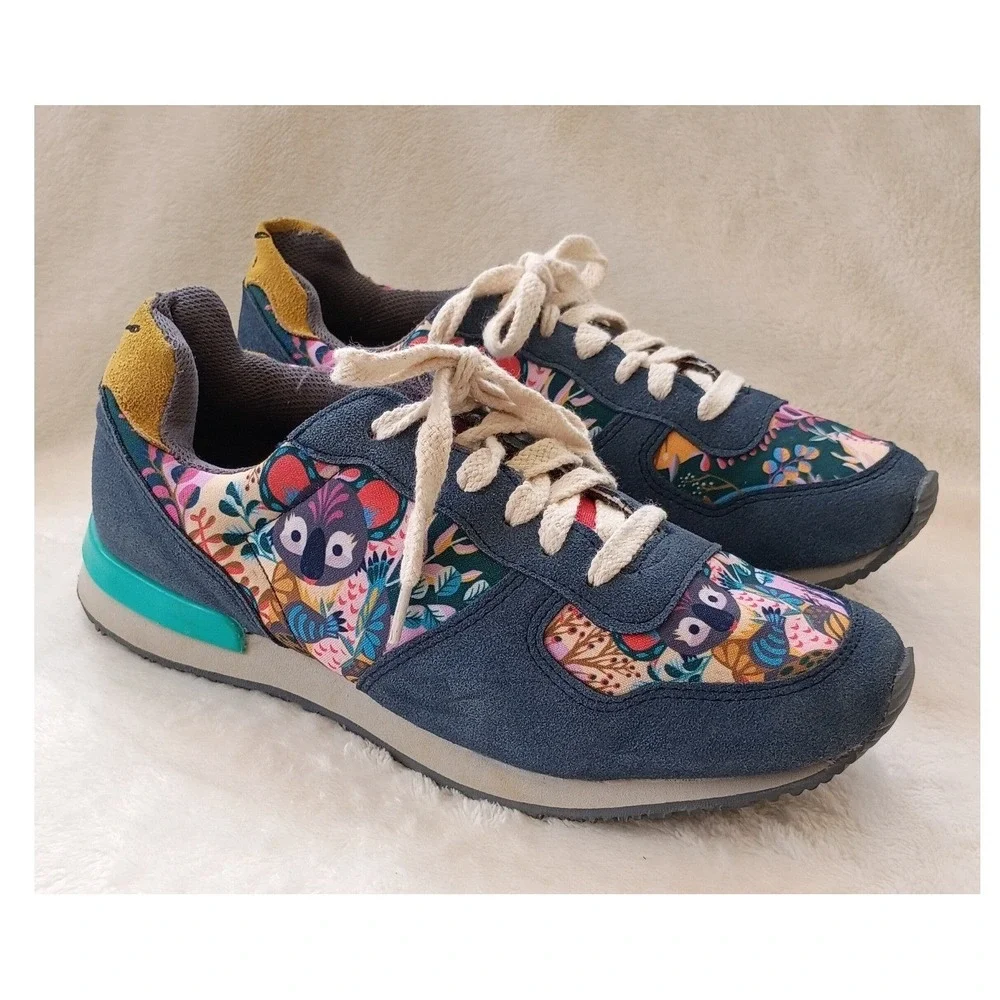 Inkkas Koala Jogger Sneakers Womens 10 Blue Suede Floral Animal Print Shoes